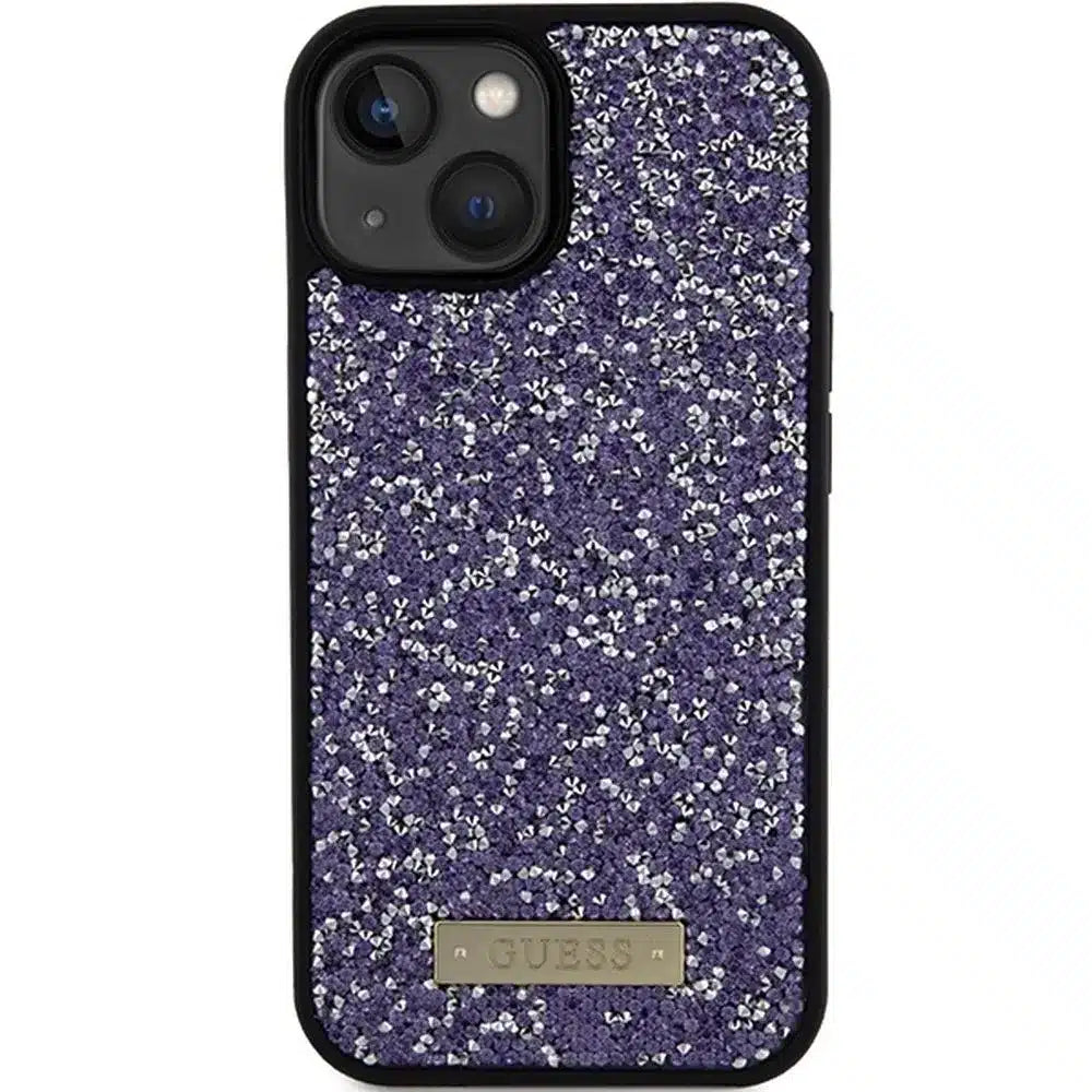 Originalna torbica GUESS Hardcase GUHCP15SPFGSBSP za iPhone 15 (kovinski logotip z okrasnimi kamni / svetlo roza)