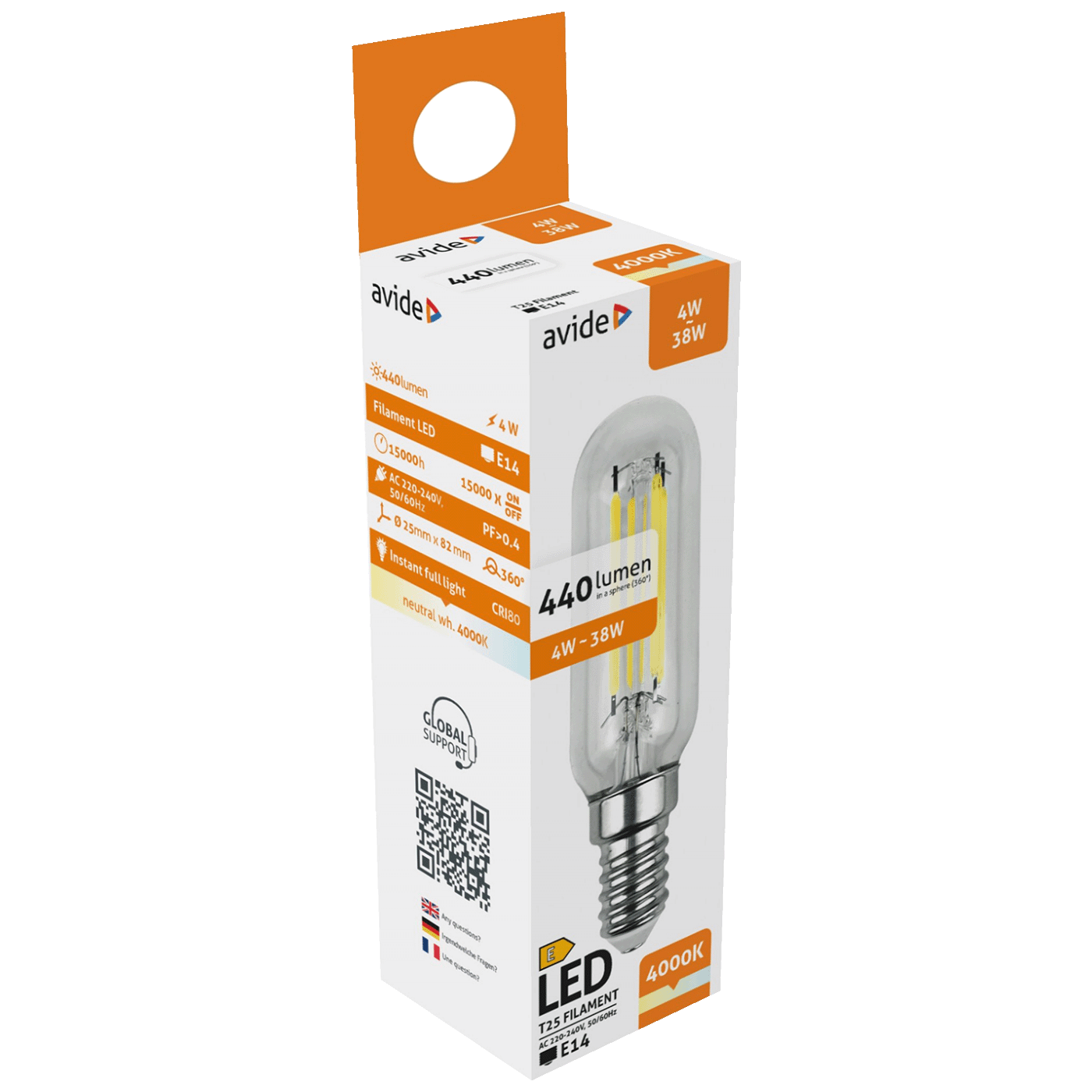 Avide Žarulja, LED 4W, E14, 4000K, 230V AC, bijela svjetlost - Filament T25 4W E14