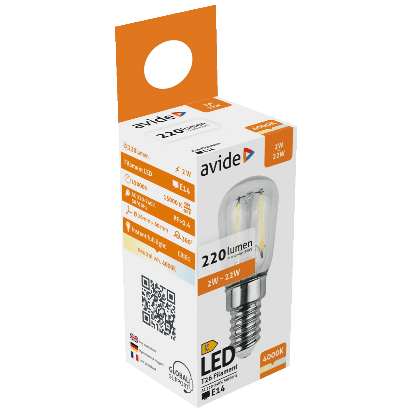 Avide Žarulja, LED 2W, E14, 4000K, 230V AC, bijela svjetlost - Filament T26 2W E14
