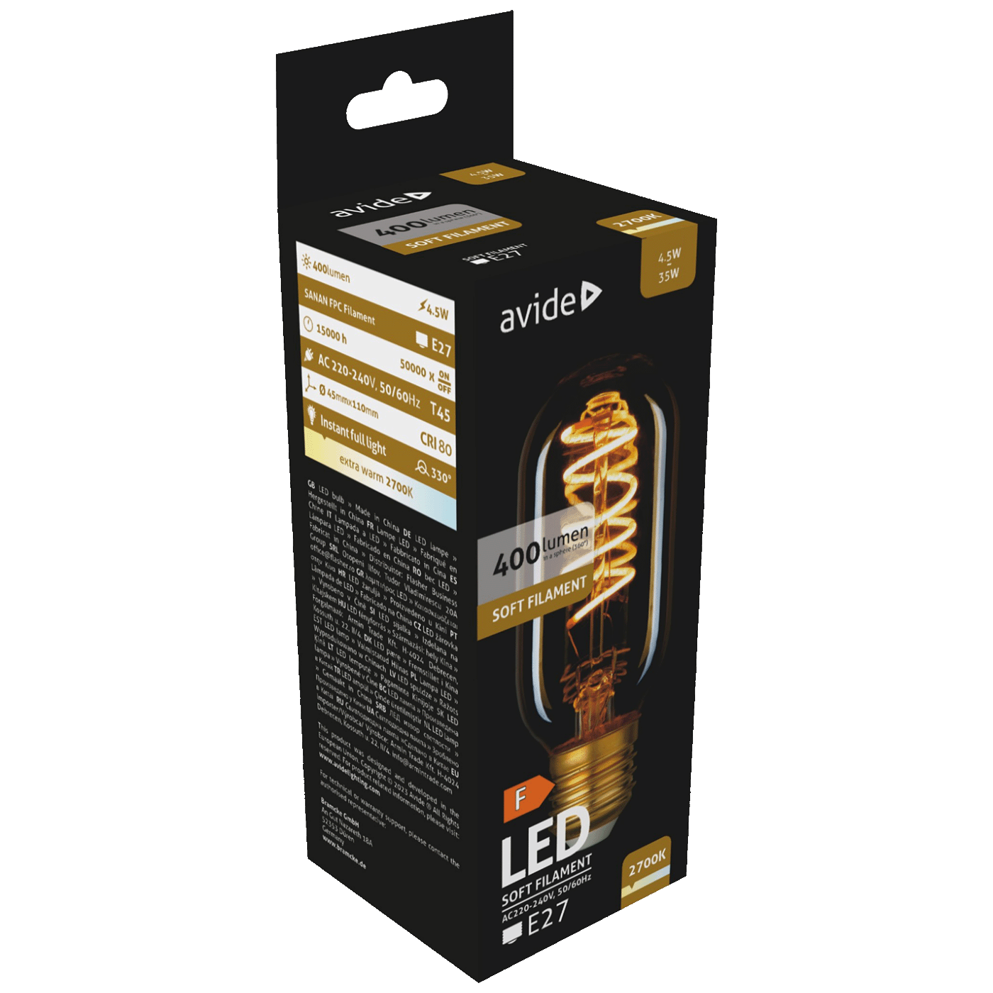 Avide Žarulja,LED,4.5W,E27,2700K,230V AC,topla bijela svjetlost - Soft Filament T45 4.5W E27