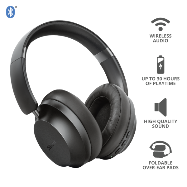 Trust 23550 naglavne slušalice i slušalice s ugrađenim mikrofonom Žičano i bežično Obruč za glavu Glazba Micro-USB Bluetooth Crno