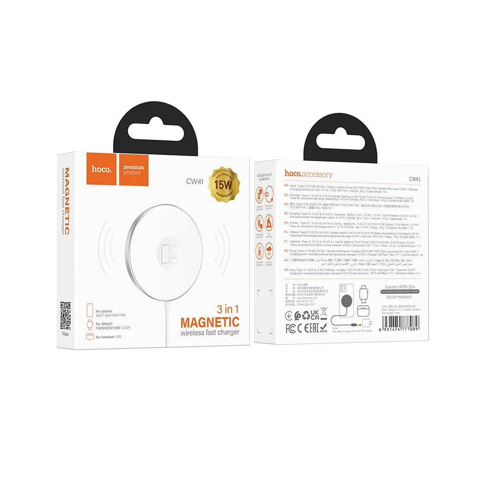 HOCO 3v1 15W induktivni polnilec, združljiv z MagSafe Delight CW41 bel