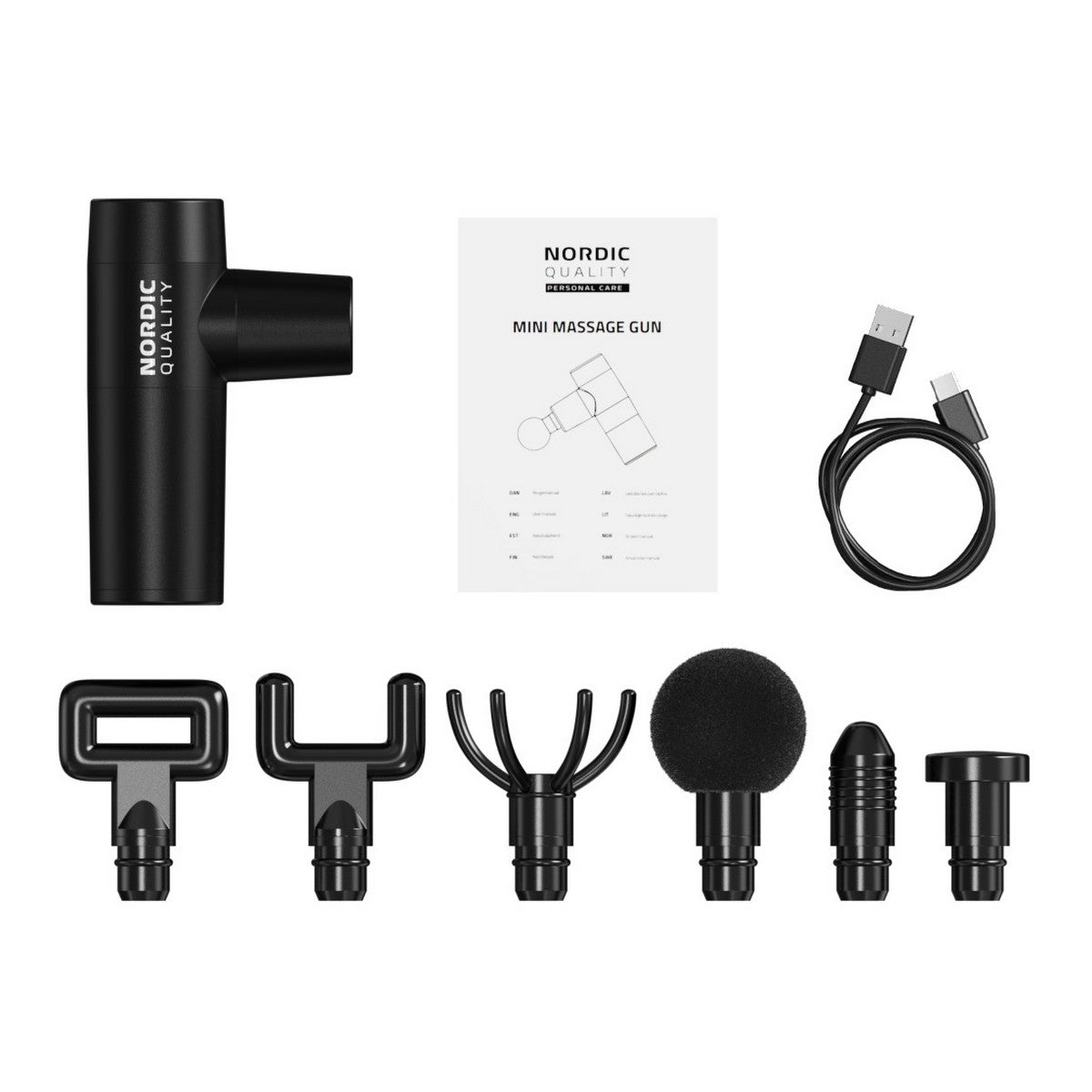 Nordic Quality - Mini masažer - gun s 6 različitih nastavaka - CRNI