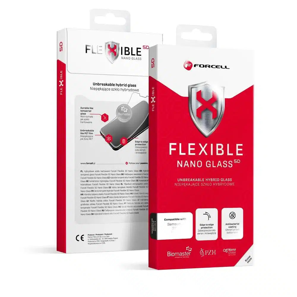 Forcell Flexible Nano Glass 5D za Samsung Galaxy S22 Ultra črno (Hot Bending) deluje čitalnik prstnih odtisov