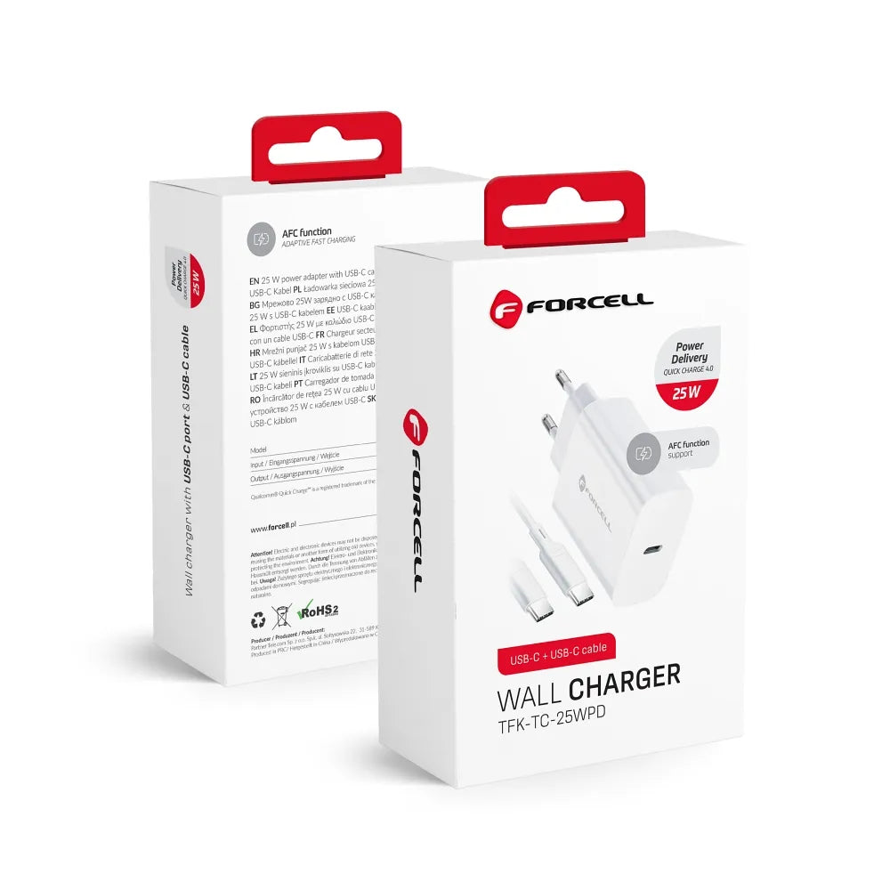 Forcell Putni punjač s USB C utičnicom i Type C kabelom - 3A 25W s PD i QC 4.0 funkcijom