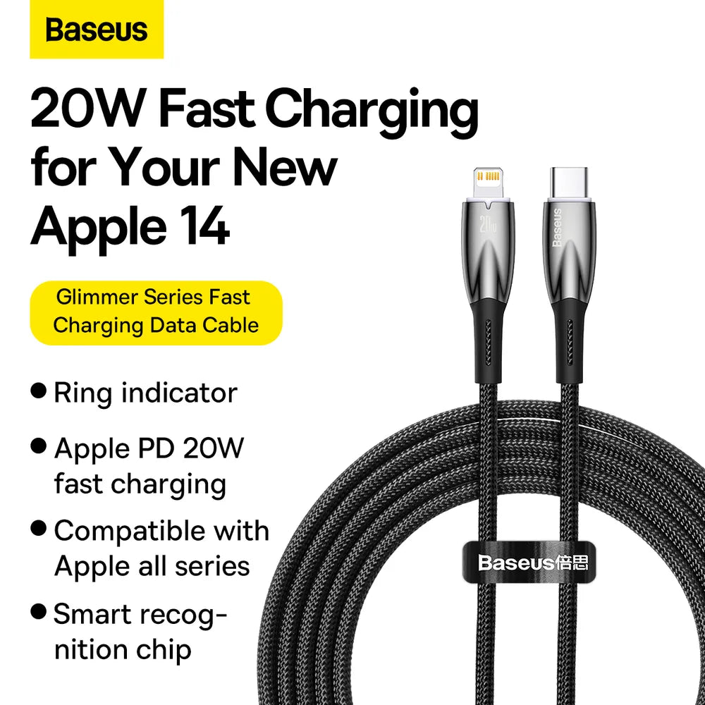 BASEUS kabel Type C za Apple Lightning 8-pin Power Delivery 20W Glimmer Series CADH000101 2m črna