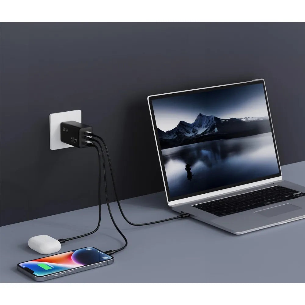 BLUE STAR GaN 4A 65W omrežni polnilec 2 x Type C + USB A PD QC4.0 VT-43 črn