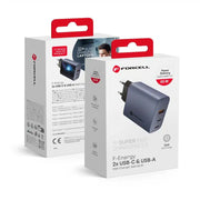 Forcell F-Energy GaN mrežni punjač - 65 W s priključcima: 2x USB C i USB A s PD i QC 4.0 punjenjem