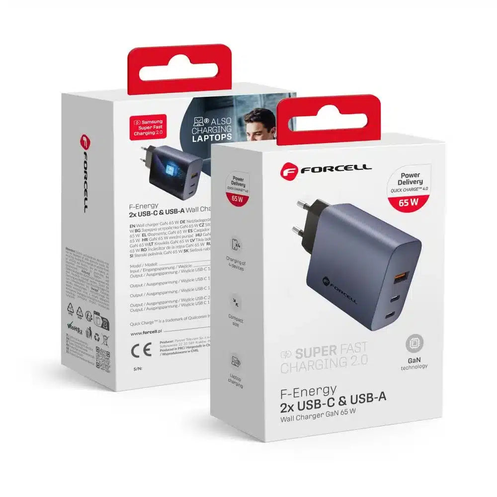 Forcell F-Energy GaN mrežni punjač - 65 W s priključcima: 2x USB C i USB A s PD i QC 4.0 punjenjem