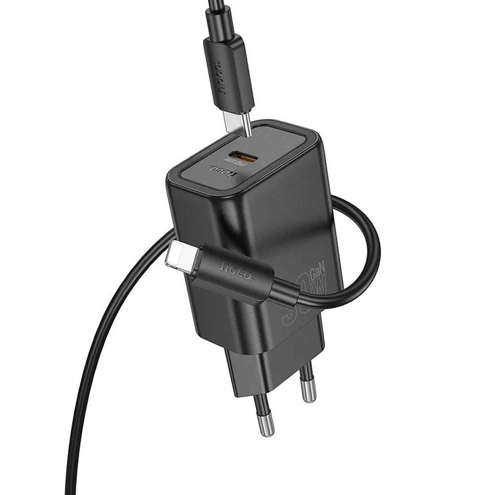 HOCO Type-C stenski polnilec + Type-C kabel na Lightning PD QC 30W N62 črn