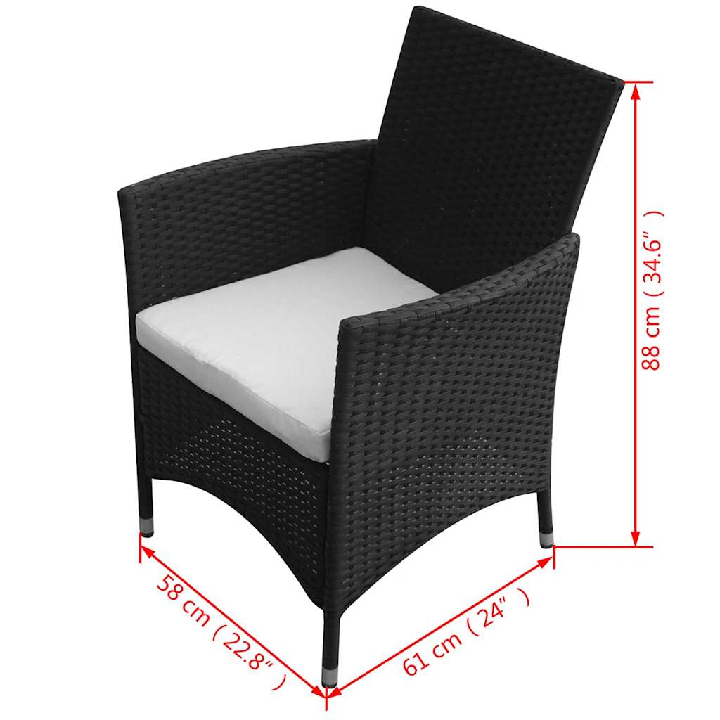 5-dijelni vrtni blagovaonski set od poliratana s jastucima crni Crna Dužina stola 90 cm