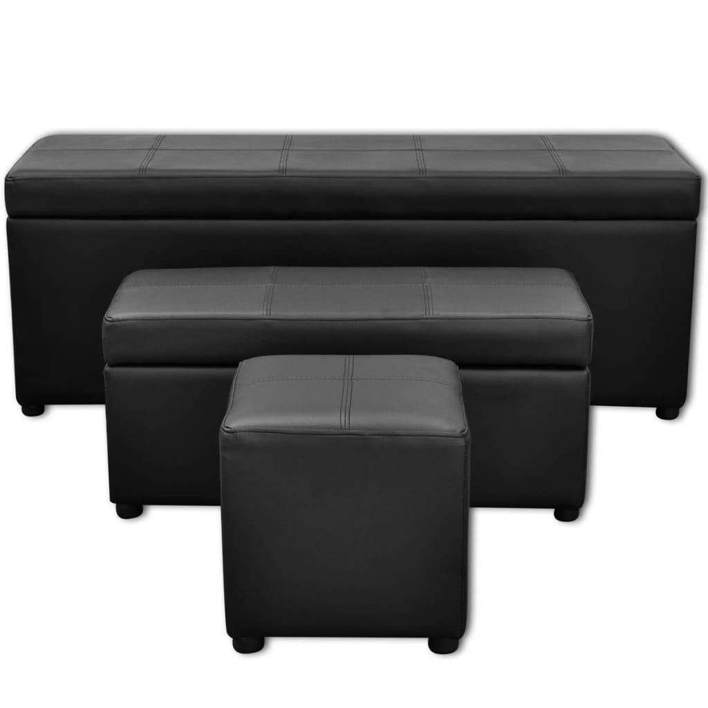 Crni set od eko kože klupa sa spremištem i s osloncem za noge 3 kom