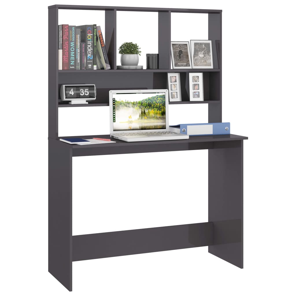 Radni stol s policama visoki sjaj sivi 110x45x157 cm iverica