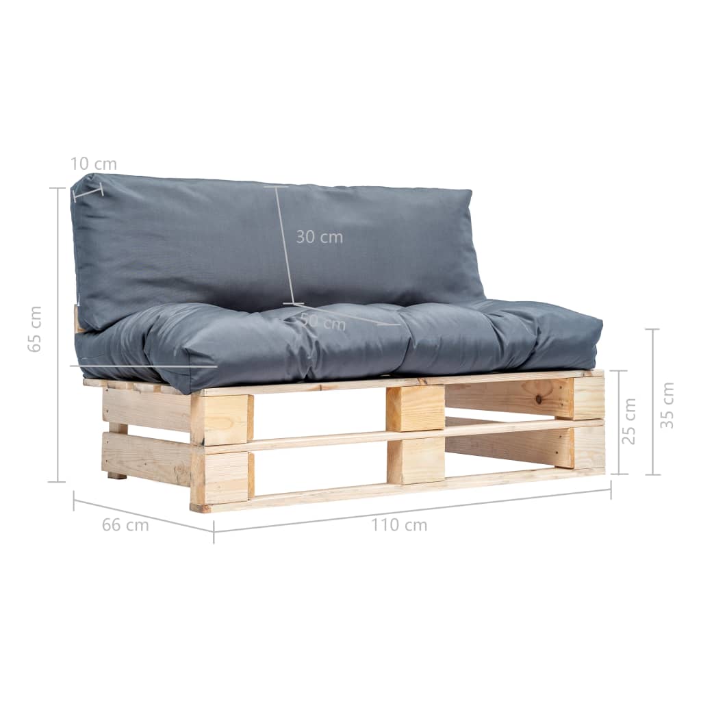 Vrtna sofa od paleta od borovine sa sivim jastucima