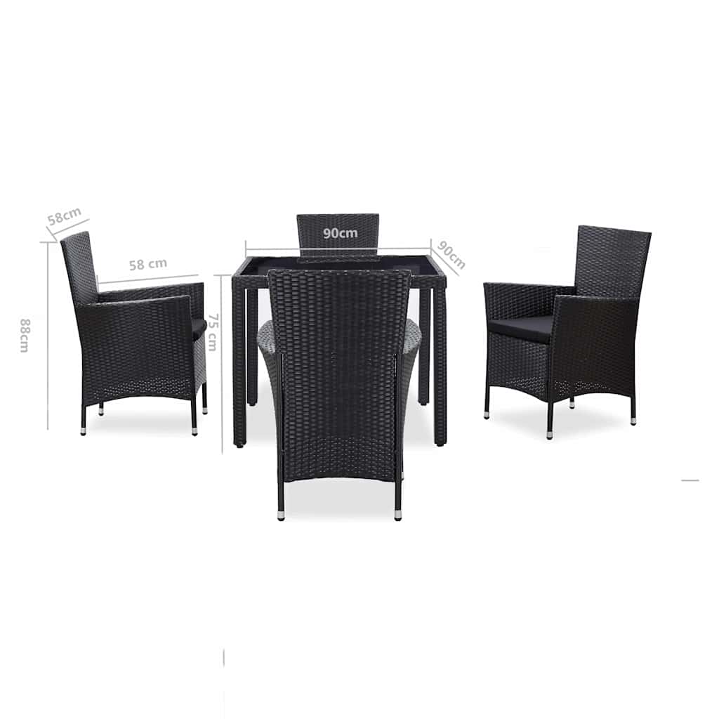 5-dijelni vrtni blagovaonski set od poliratana crni Crna Dužina stola 90 cm