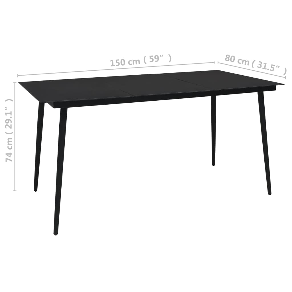Vrtni blagovaonski stol crni 150 x 80 x 74 cm čelik i staklo