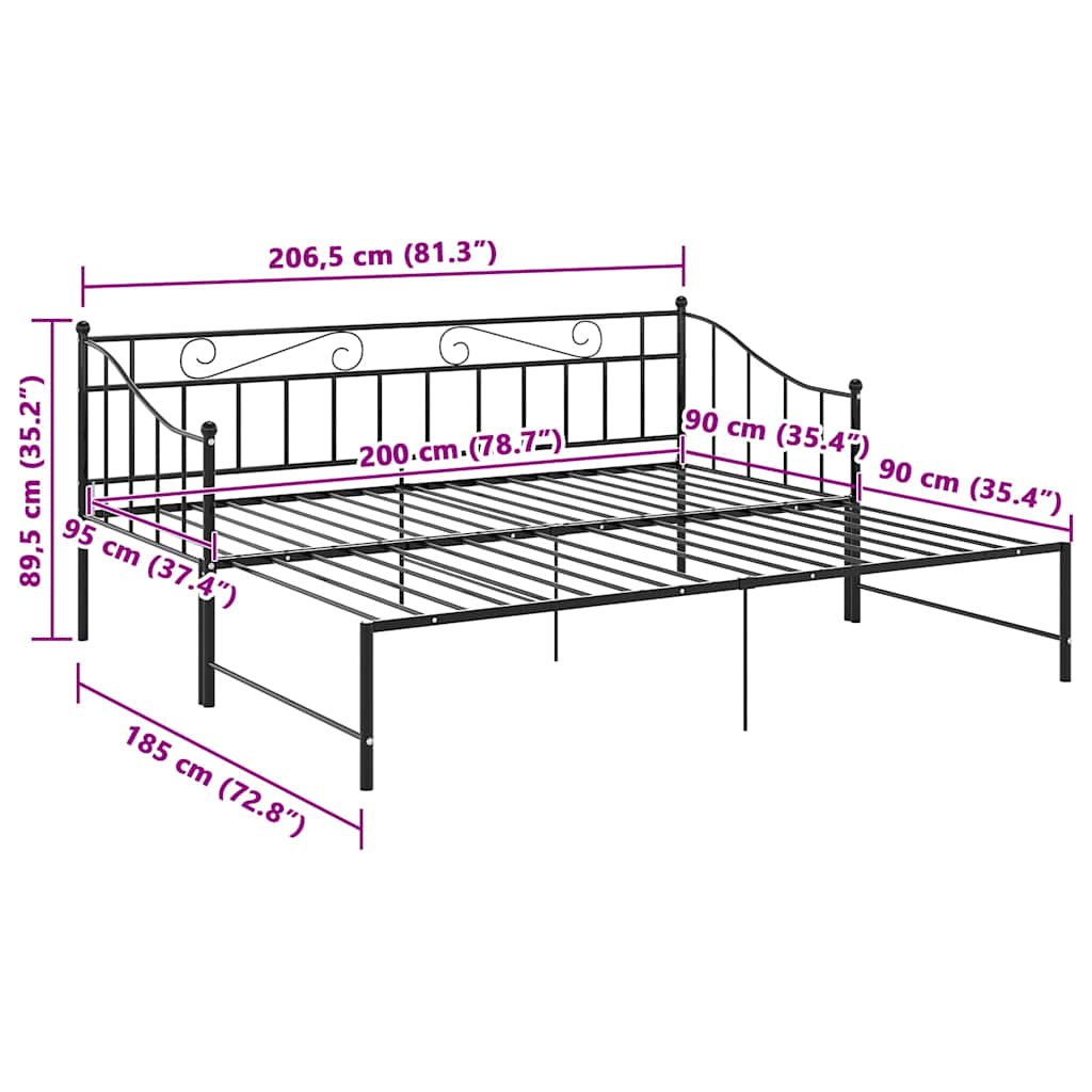 Okvir za krevet na razvlačenje crni metalni 90 x 200 cm Crna