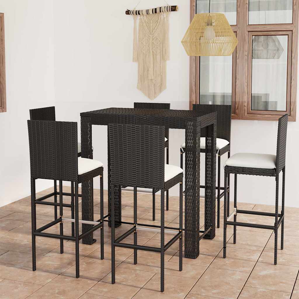 7-dijelni vrtni barski set od poliratana s jastucima crni Crna 100 cm table length