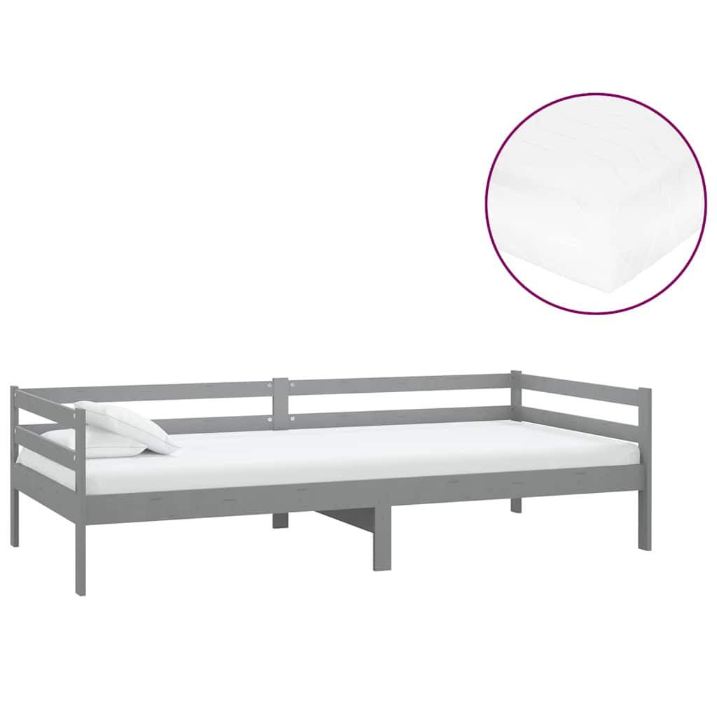 Dnevni ležaj s madracem 90 x 200 cm sivi od masivne borovine Siva