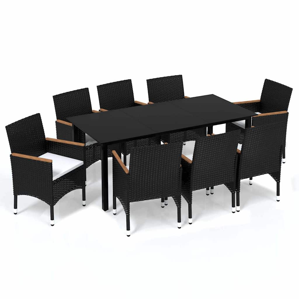 9-dijelni vrtni blagovaonski set od poliratana s jastucima crni Crna Dužina stola 190 cm