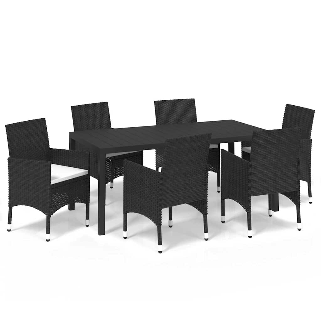 7-dijelni vrtni blagovaonski set s jastucima crni od poliratana Crna Dužina stola 185 cm