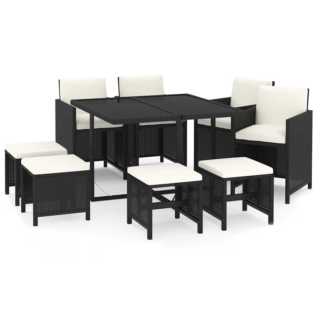 9-dijelni vrtni blagovaonski set s jastucima crni od poliratana Crna 109 cm table length