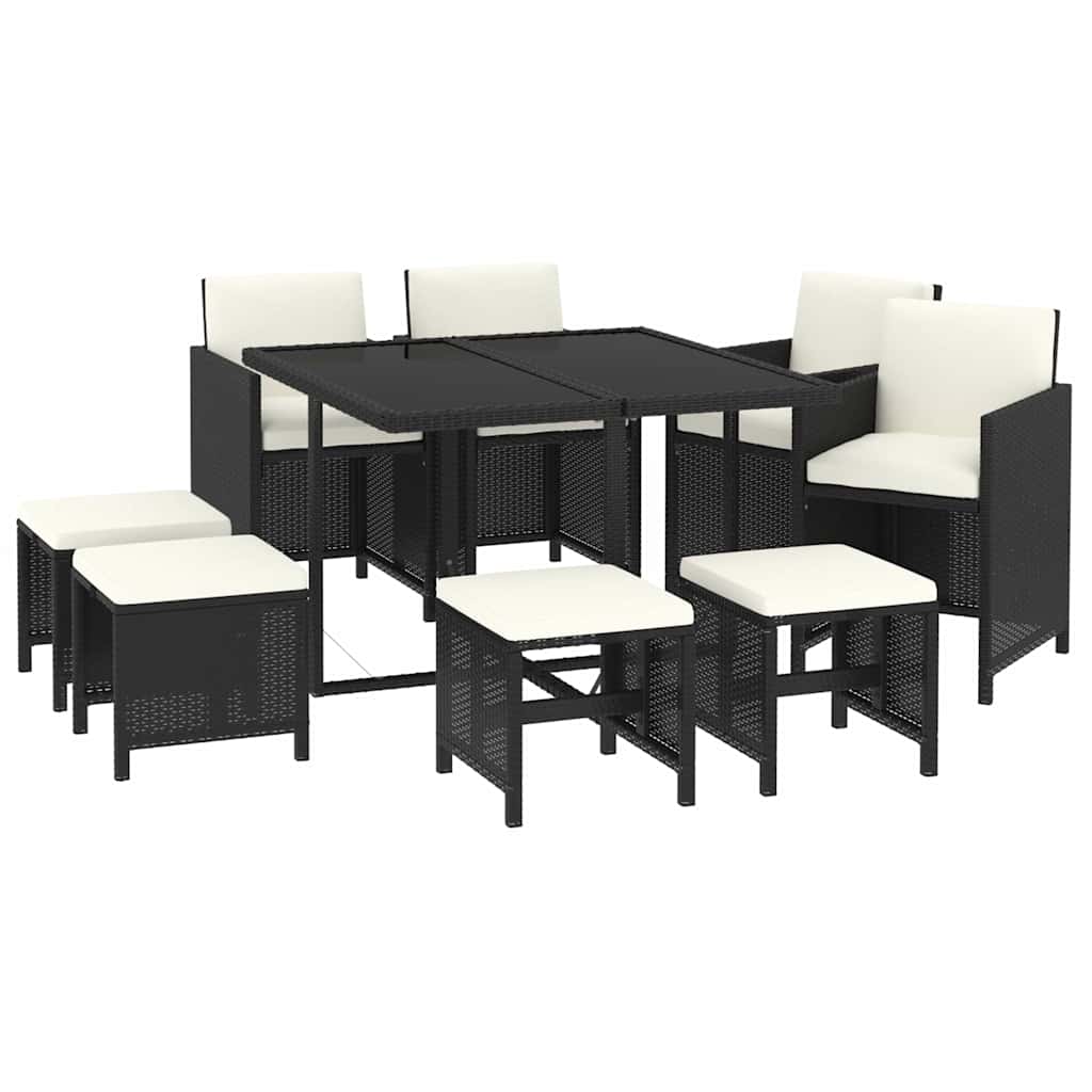 9-dijelni vrtni blagovaonski set s jastucima crni od poliratana Crna 109 cm table length