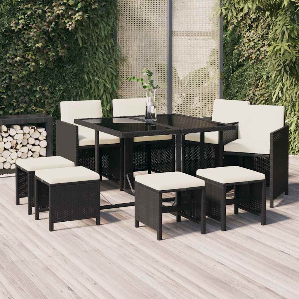 9-dijelni vrtni blagovaonski set s jastucima crni od poliratana Crna 109 cm table length