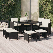 9-dijelni vrtni blagovaonski set s jastucima crni od poliratana Crna 109 cm table length