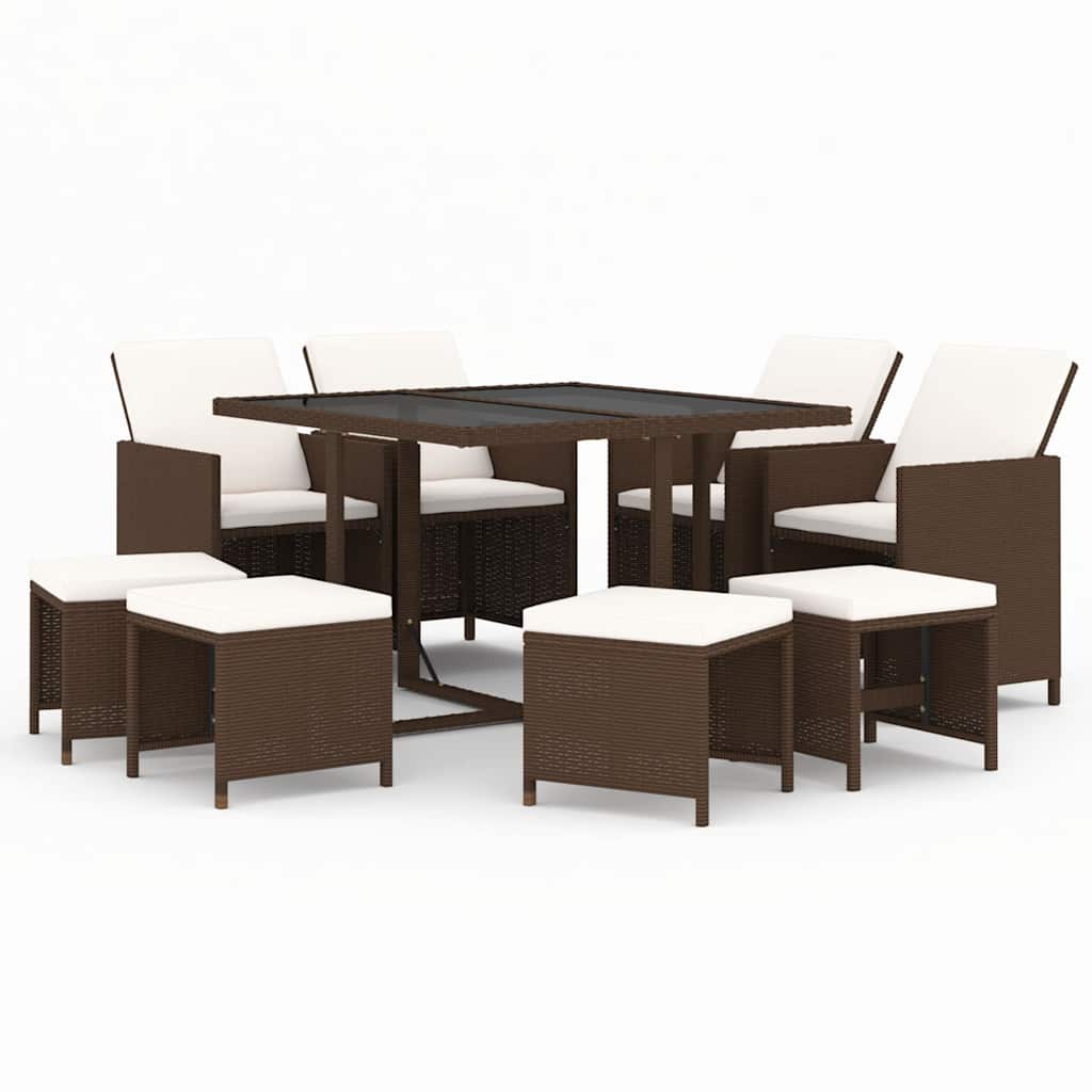 9-dijelni vrtni blagovaonski set s jastucima poliratan smeđi Smeđa 109 cm table length