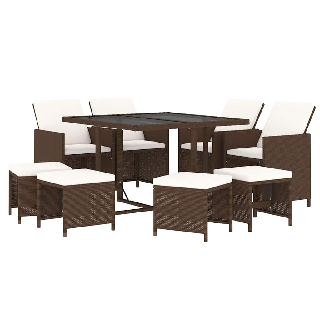 9-dijelni vrtni blagovaonski set s jastucima poliratan smeđi Smeđa 109 cm table length