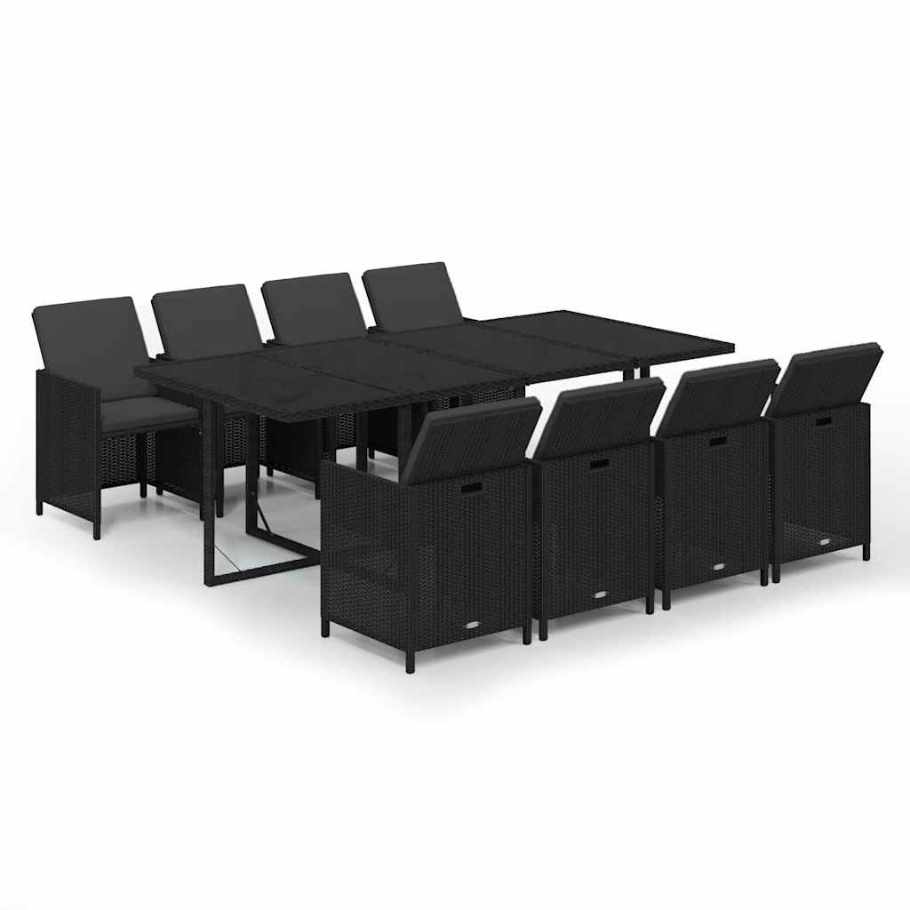 9-dijelni vrtni blagovaonski set s jastucima crni od poliratana Crna Dužina stola 219 cm