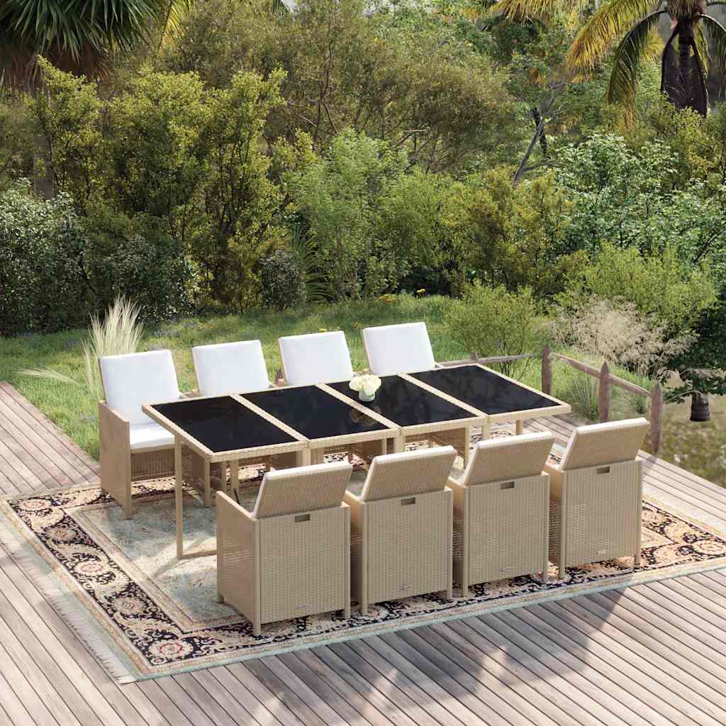 9-dijelni vrtni blagovaonski set od poliratana s jastucima bež 219 cm table length
