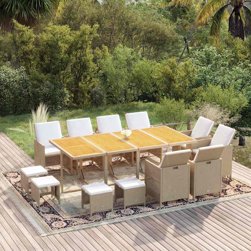 13-dijelni vrtni blagovaonski set od poliratana s jastucima bež 219 cm table length