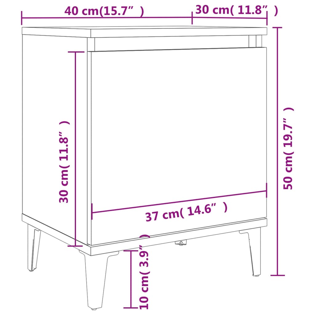 Noćni ormarić s metalnim nogama boja sivog hrasta 40x30x50 cm