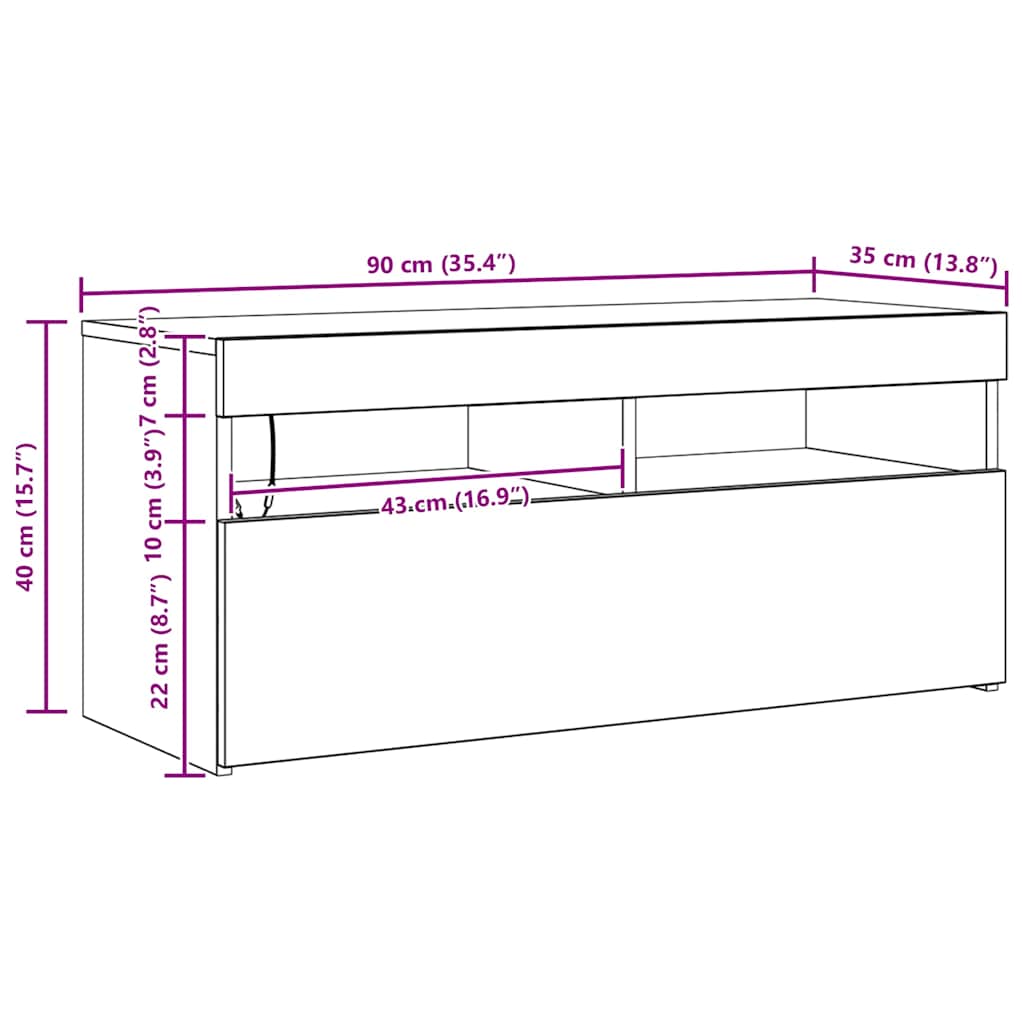 TV ormarić s LED svjetlima boja dimljenog hrasta 90x35x40 cm Smeđa