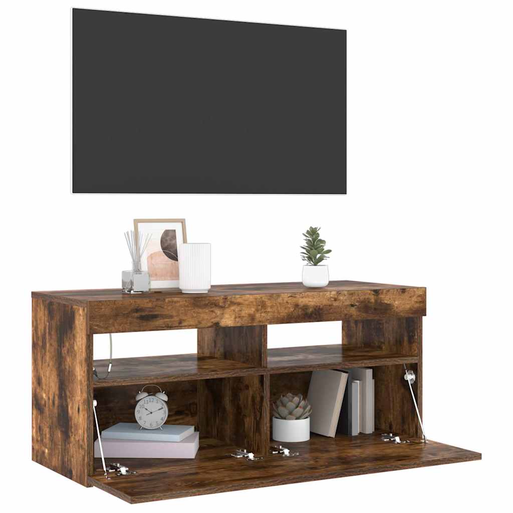 TV ormarić s LED svjetlima boja dimljenog hrasta 90x35x40 cm Smeđa