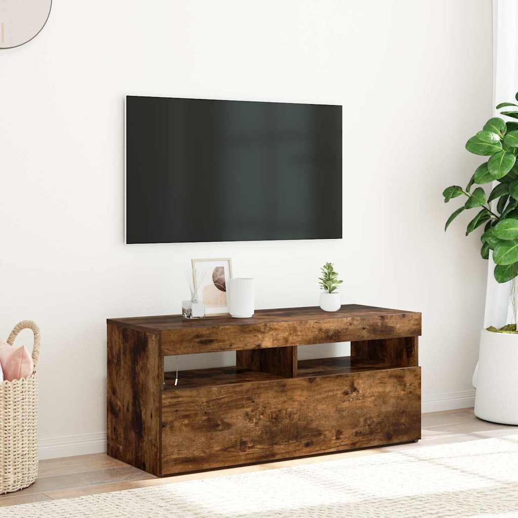 TV ormarić s LED svjetlima boja dimljenog hrasta 90x35x40 cm Smeđa