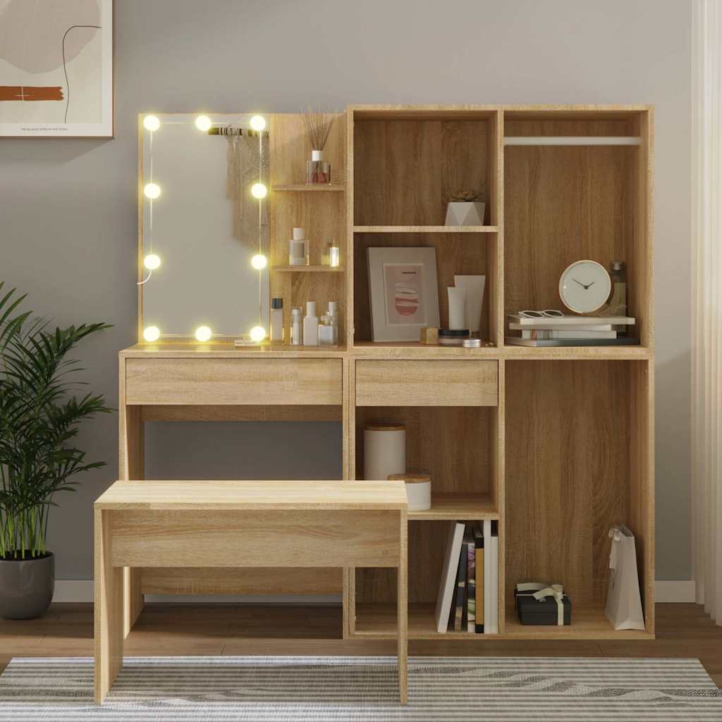 Set toaletnog stolića boja hrasta sonome LED konstruirano drvo Smeđa
