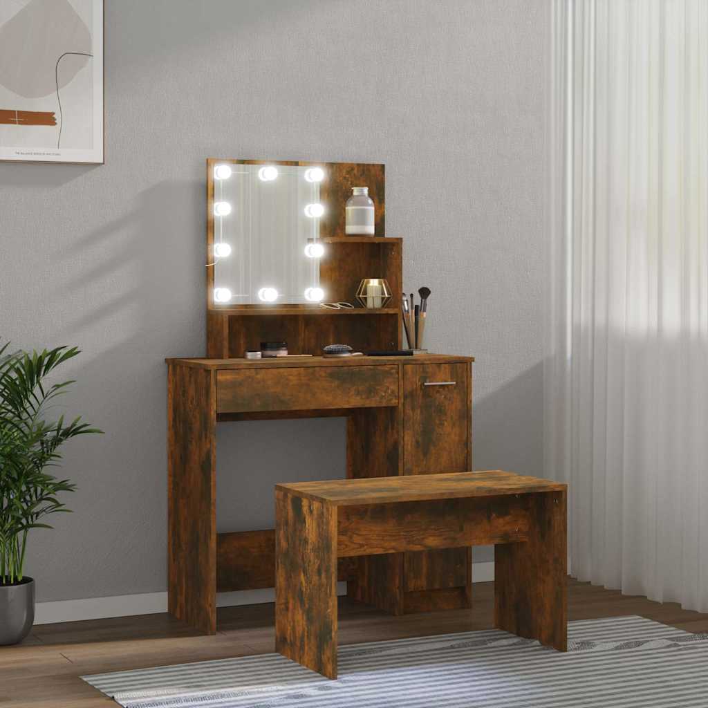 Set toaletnog stolića LED boja hrasta od konstruiranog drva Smeđa 86.5 x 35 x 136 cm