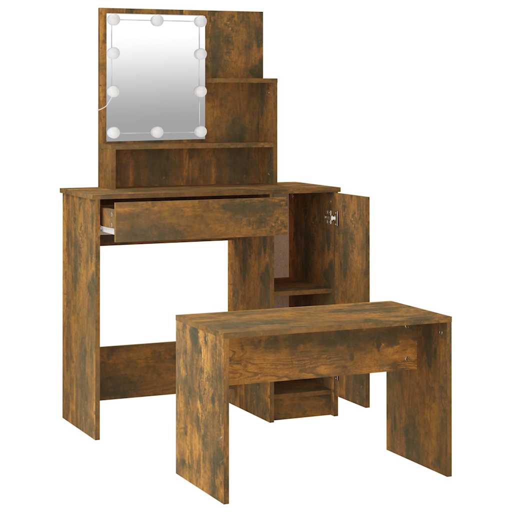 Set toaletnog stolića LED boja hrasta od konstruiranog drva Smeđa 86.5 x 35 x 136 cm