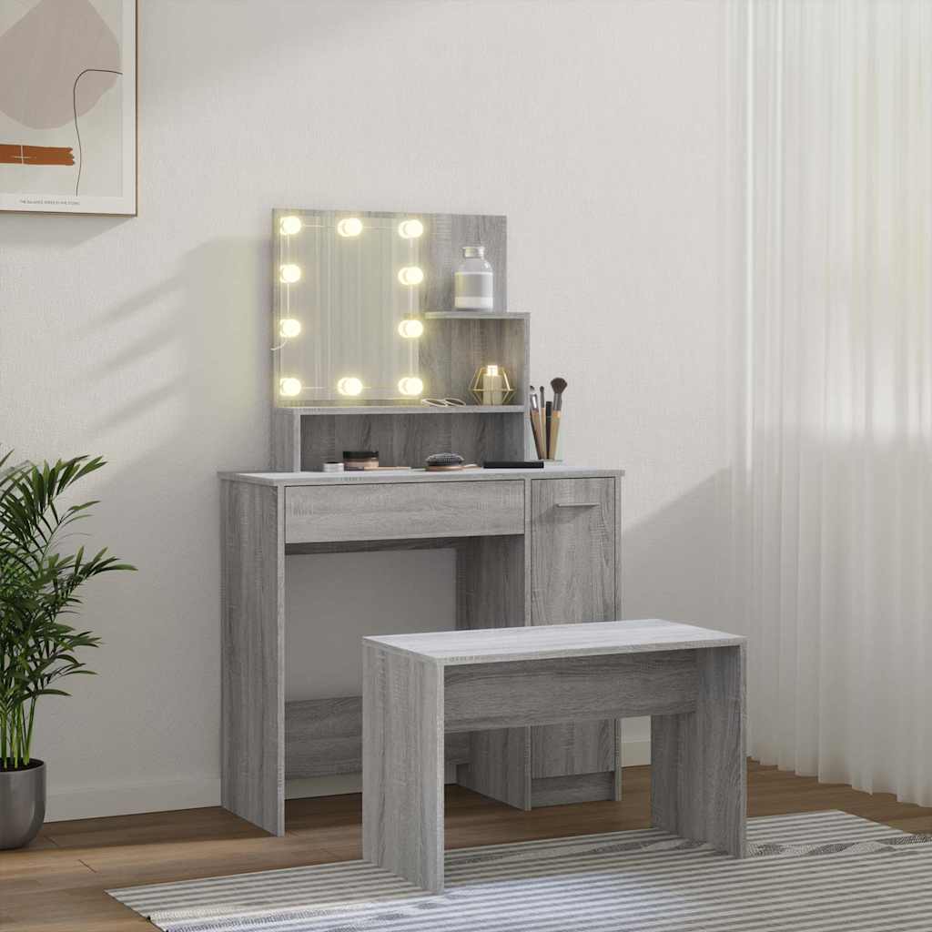 Set toaletnog stolića siva boja hrasta LED konstruirano drvo 86.5 x 35 x 136 cm