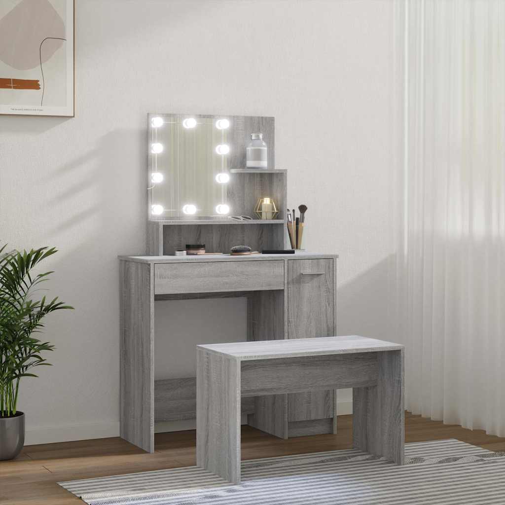 Set toaletnog stolića siva boja hrasta LED konstruirano drvo 86.5 x 35 x 136 cm