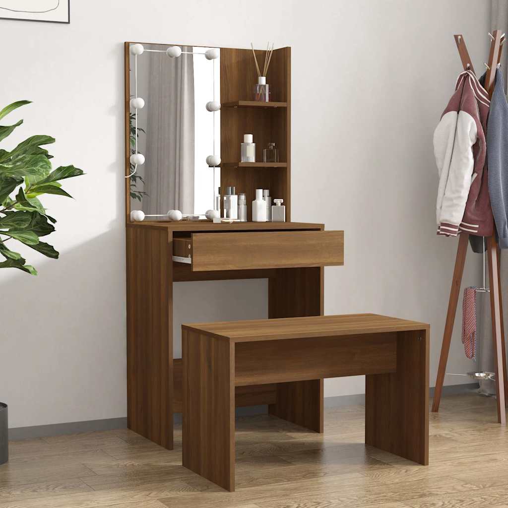 Set toaletnog stolića LED boja hrasta od konstruiranog drva Smeđa 60 x 40 x 140 cm