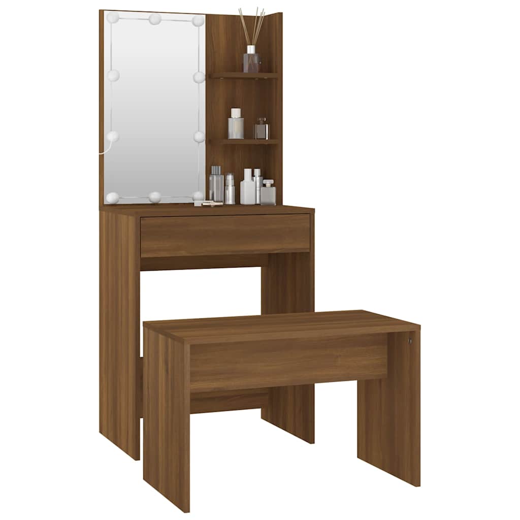 Set toaletnog stolića LED boja hrasta od konstruiranog drva Smeđa 60 x 40 x 140 cm