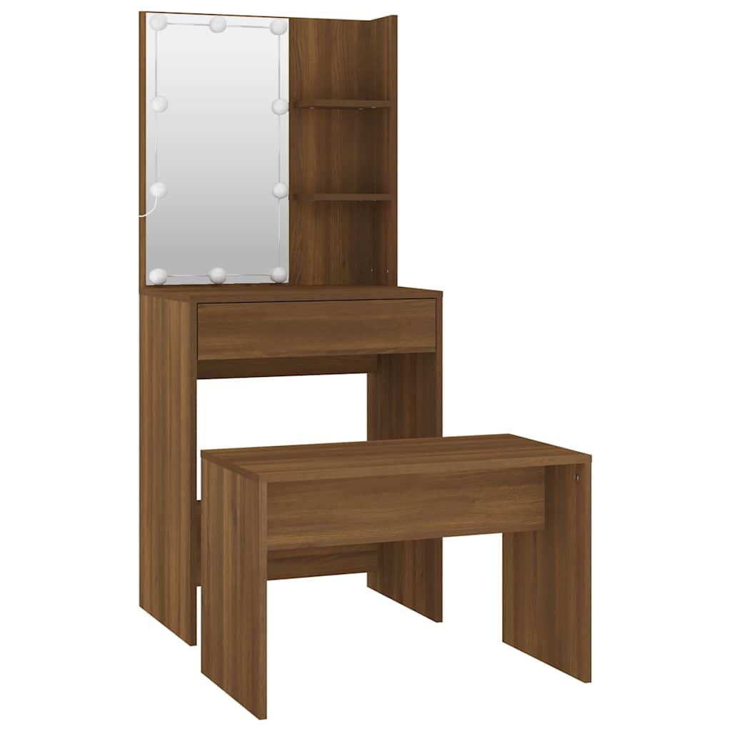 Set toaletnog stolića LED boja hrasta od konstruiranog drva Smeđa 60 x 40 x 140 cm