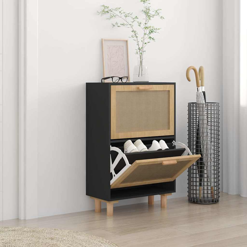 Ormarić za cipele crni 52 x 25 x 80 cm drvo i prirodni ratan