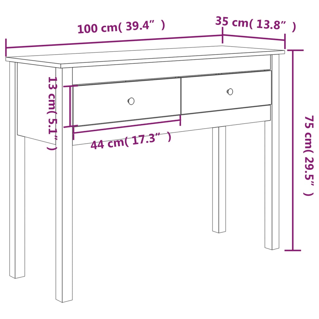 Konzolni stol bijeli 100x35x75 cm od masivne borovine