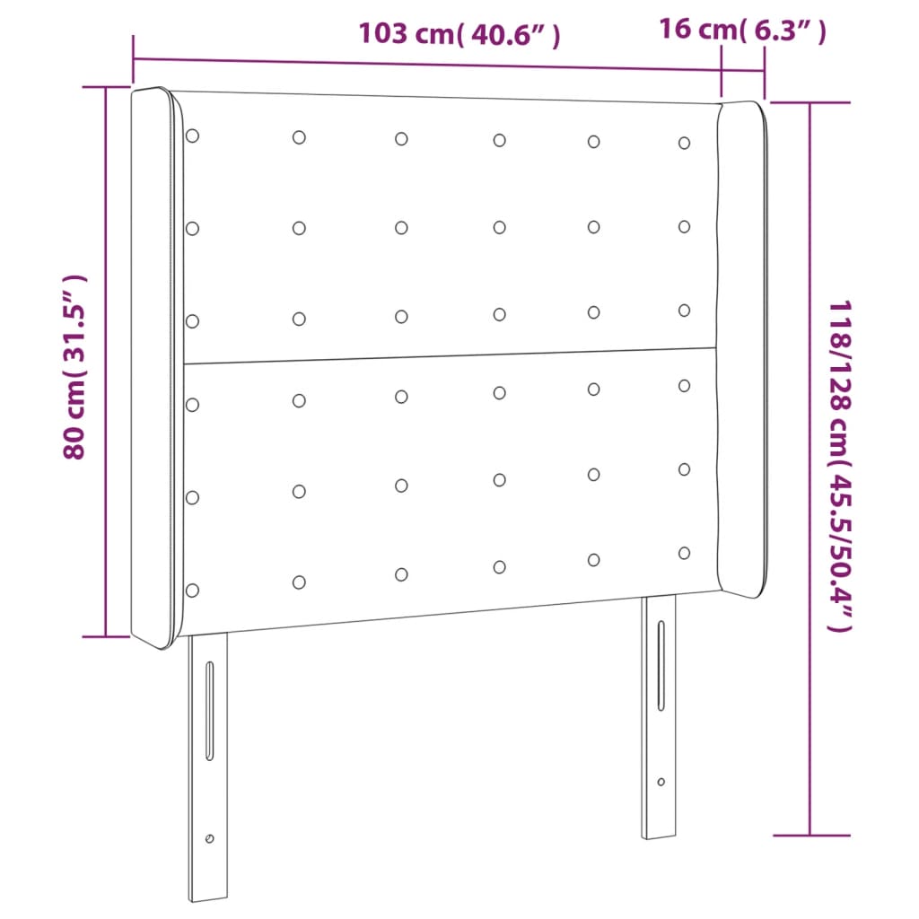 Uzglavlje s ušima crno 103x16x118/128 cm baršunasto