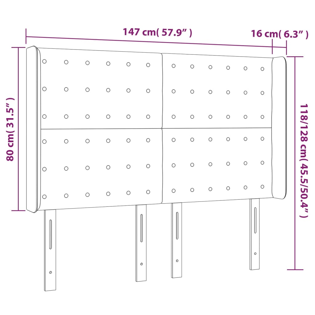 Uzglavlje s ušima crno 147x16x118/128 cm baršunasto